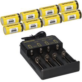 8x PATONA Li-Ion 3,7V Akku CR123A 700mAh 2,59Wh + Lader