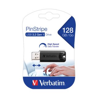 Verbatim USB 3.2 Stick 128GB, PinStripe, schwarz Typ-A, (R) 30MB/s, (W) 10MB/s, Retail-Blister