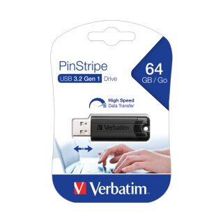 Verbatim USB 3.2 Stick 64GB, PinStripe, schwarz Typ-A, (R) 30MB/s, (W) 10MB/s, Retail-Blister