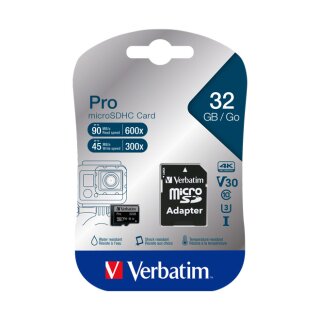 microSDHC-Card 32GB, PRO, U3, UHS-I, 4K UHD + SD-Adapter