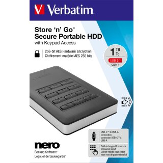 Verbatim Festplatte 1TB USB 3.1, A-C, 6.35cm (2.5), schwarz