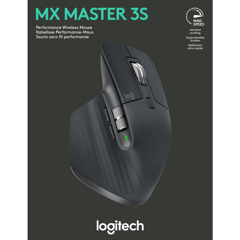 Logitech Maus MX Master 3S, Wireless, Bolt, Bluetooth, grafit