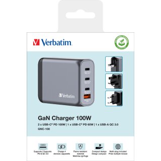 Verbatim Ladeadapter, Universal, GNC-100, GaN, 100W, grau