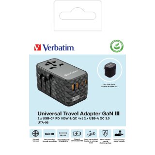 Verbatim Ladeadapter, Universal Travel, UTA-06, GaN III, 100W