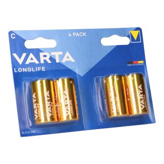 Varta Batterien C Baby, 4er Blister, Longlife, Alkaline, 1,5V, ideal für Fernbedienungen, Wecker, Radios, Made in Germany