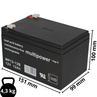 3x Multipower MP12-12B AGM Bleiakku 12V 12Ah – 36V 12Ah Akku-Satz