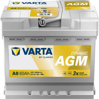 VARTA A8 Silver Dynamic AGM 12V 60Ah 680A Autobatterie Start-Stop