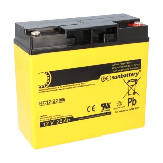 SUN Battery AGM HC12-22 Akku 12V 22Ah | High Cycle | Wartungsfrei | Blei-Vlies
