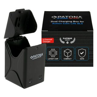 PATONA Platinum Dual-Charger Ladebox für Action Cam Life SL5 – geöffnet mit zwei Schächten