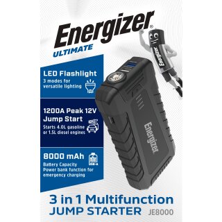 JE8000 Jump Starter mit Starthilfekabeln und LED‑Leuchte